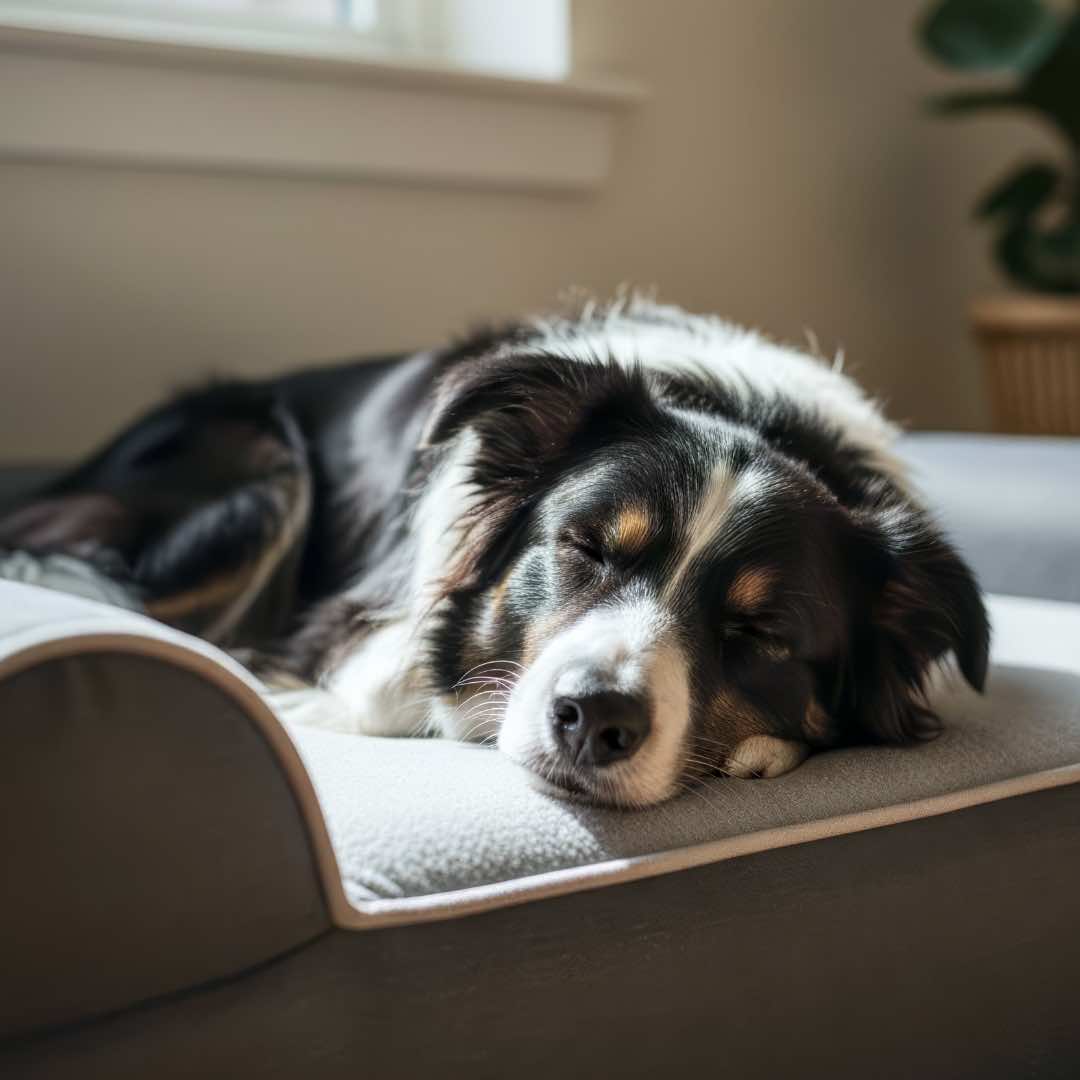 Border Collie dog lying on dog cloud massage bed