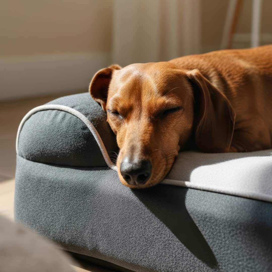 Dachshund small dog lying on dog cloud massage bed