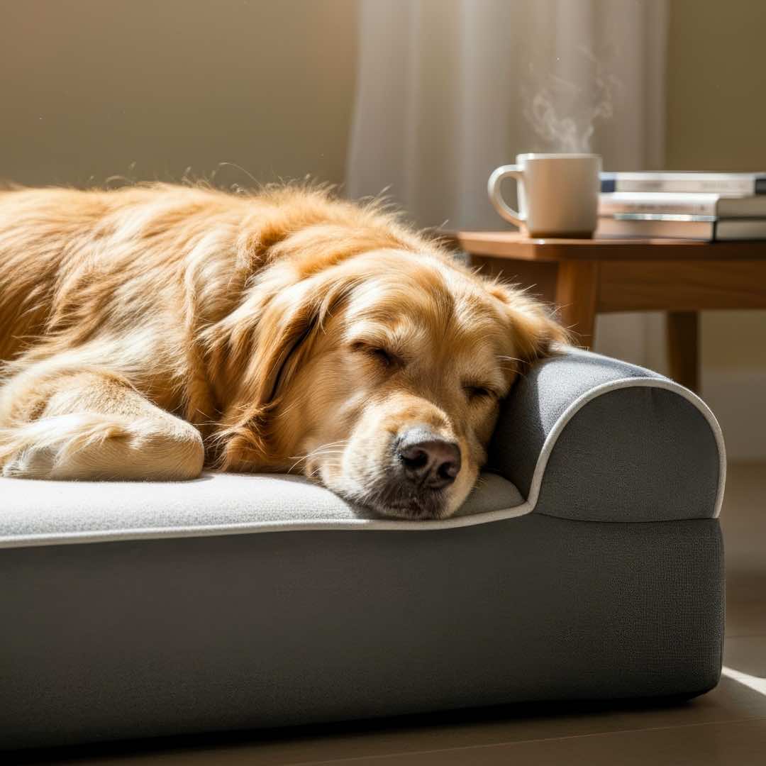 golden retriever dog lying on dog cloud massage bed